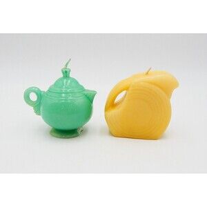 Fiesta Ware Set of 2 Wax Candles Yellow Pitcher And Green Teapot Never Burned